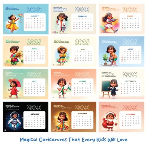 Personalised Calendar 2025 with Kids Caricature and Name